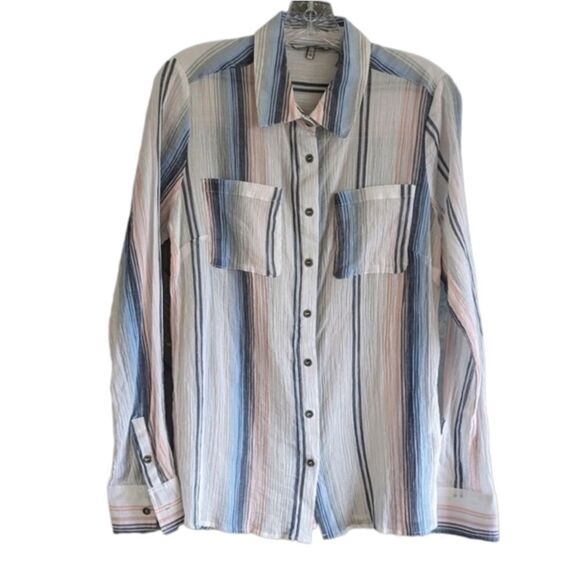 BKE Shirt Top Blouse Women's Medium Button Down Long Sleeve Cotton Striped New - Picture 1 of 7